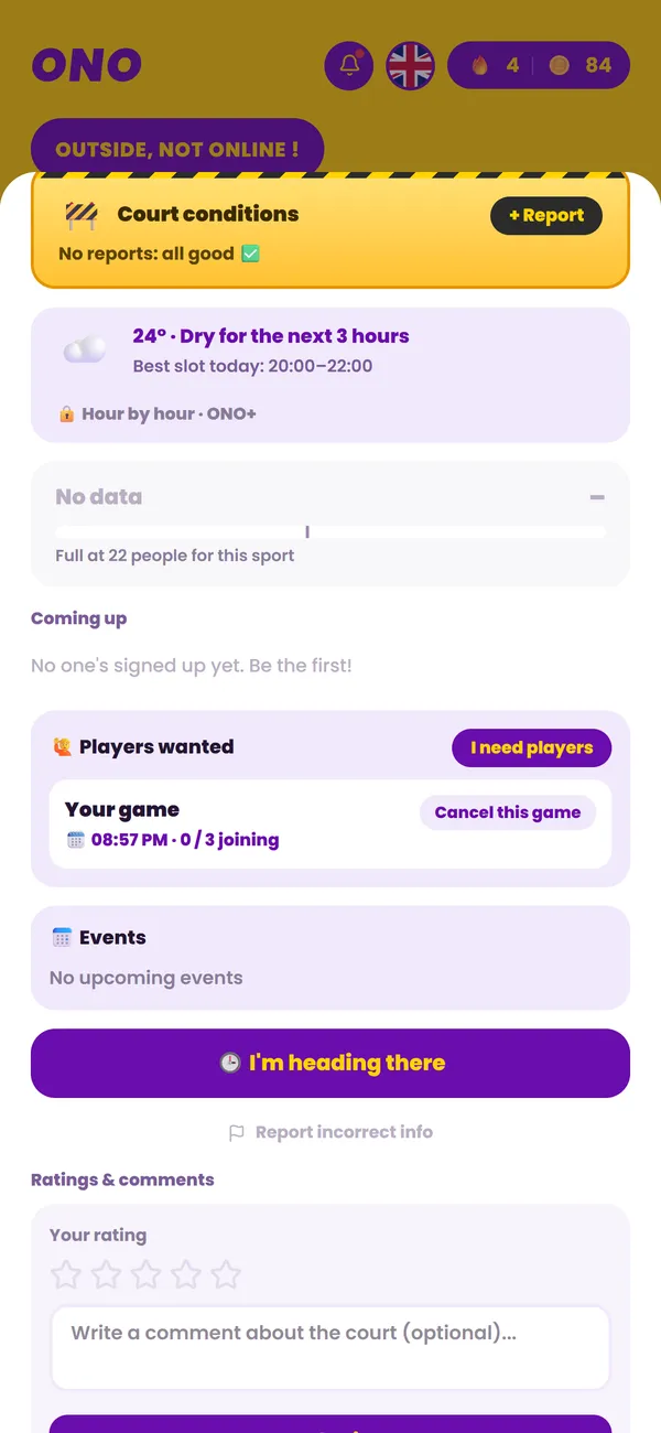 Court conditions and “Players wanted” games