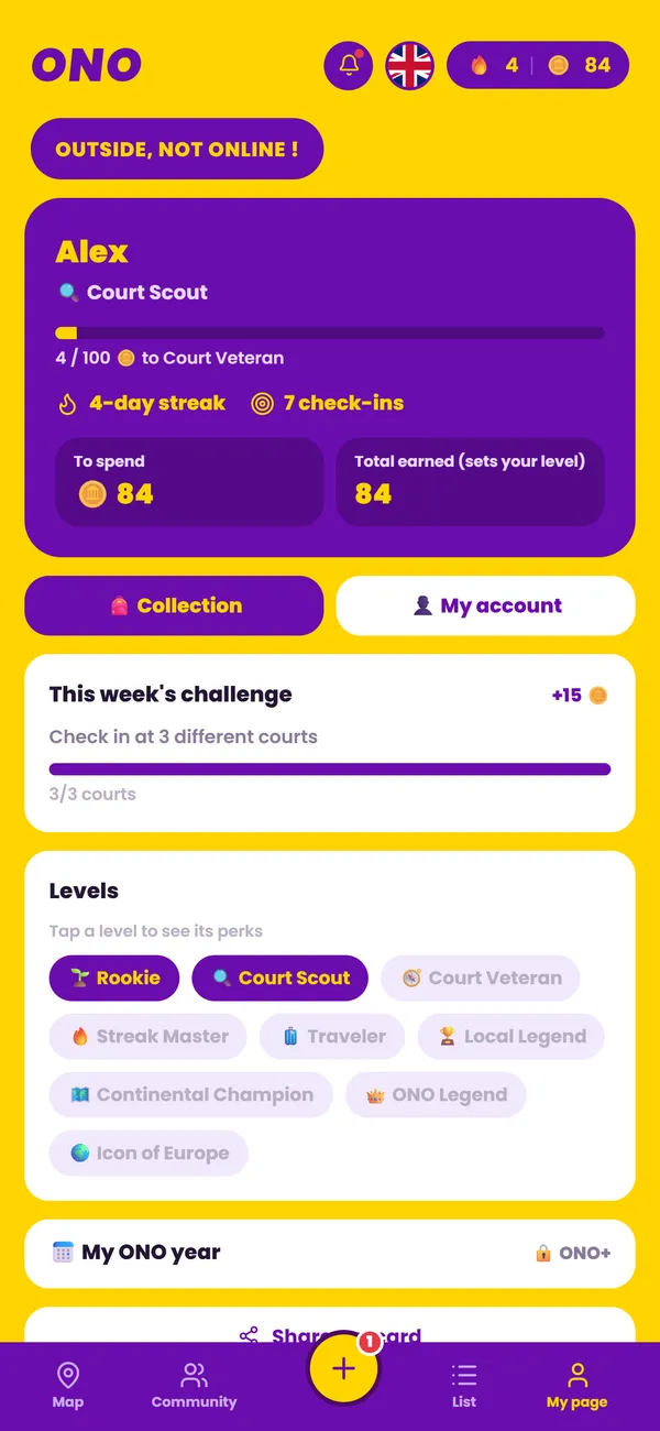 My page: level, streak and coins