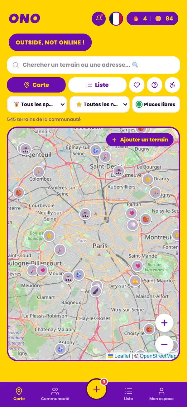 La carte d'ONO centrée sur Paris