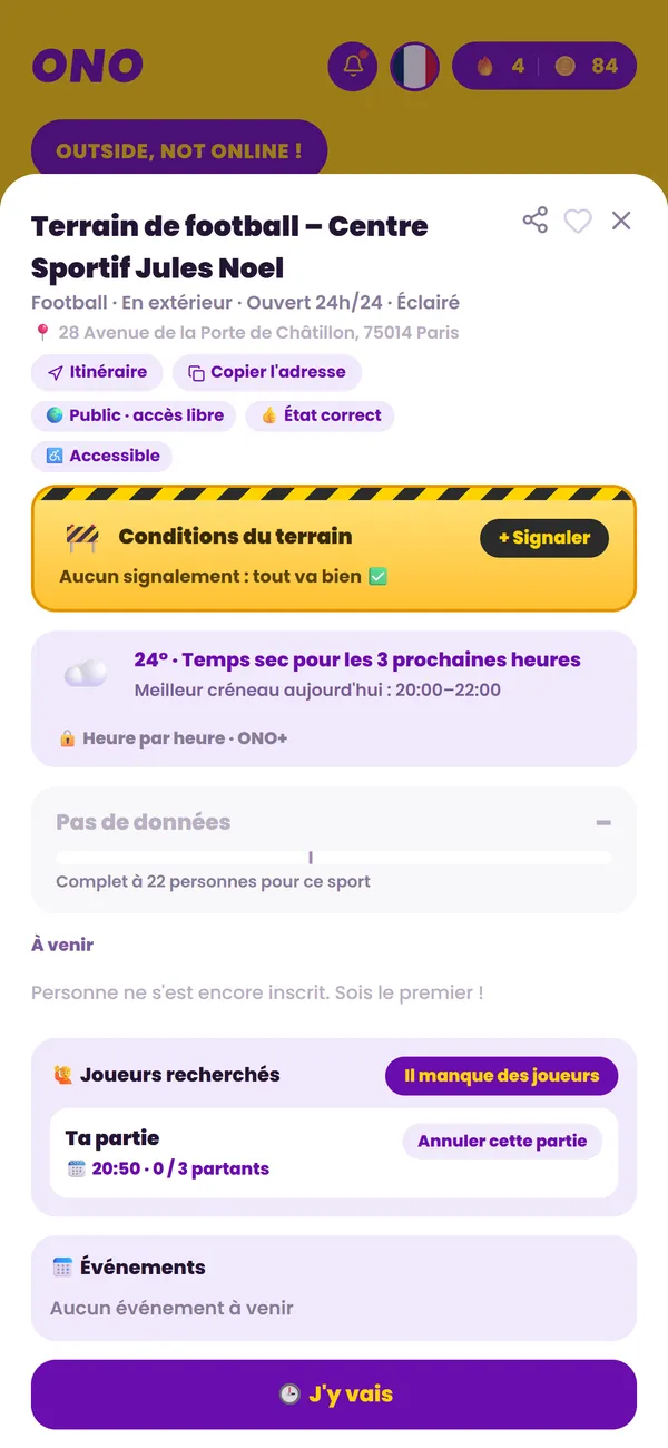 La fiche d'un terrain avec sa jauge de fréquentation