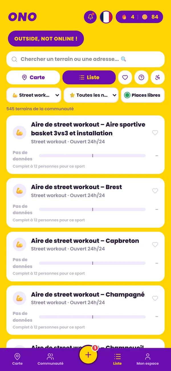 La liste des terrains filtrée par sport