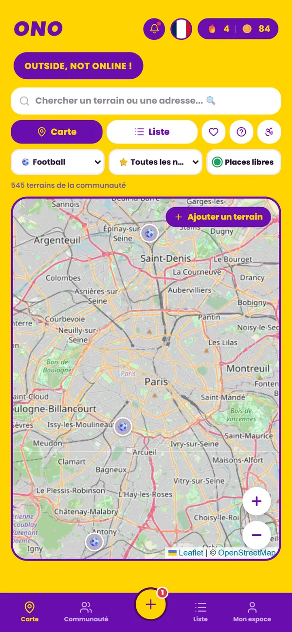 La carte filtrée sur le football