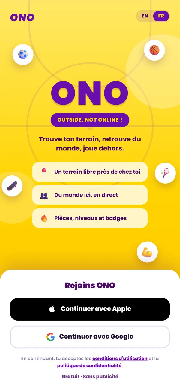L'écran de connexion d'ONO, avec Apple et Google